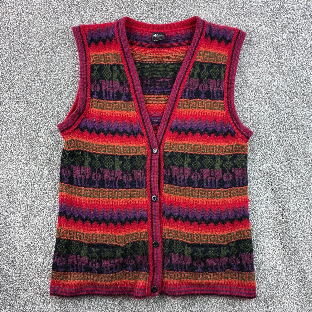 Gamboa Sweater Vest Women's M Red Alpaca Knit Llama Fair Isle Boho V-Neck